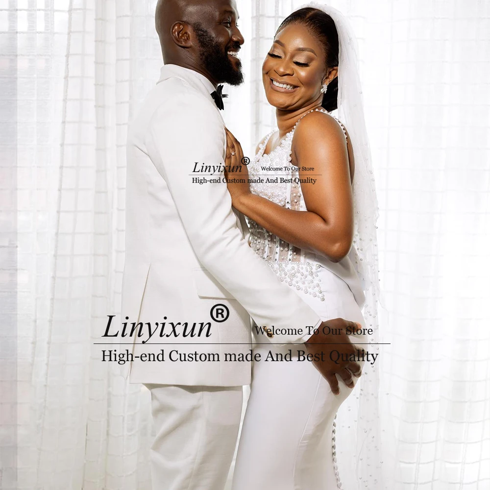 Robes de mariée élégantes à perles africaines, bretelles Spaghetti, style sirène, personnalisées, sans manches, 2025