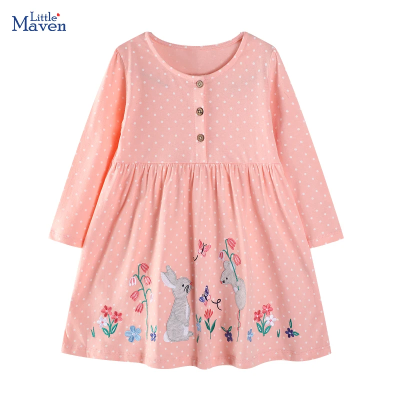 

Little maven New Autumn Spring Baby Girls Embroidered Cartoon Rabbits Flowers Dress for Girl Kids Clothes Long Sleeve Dresses