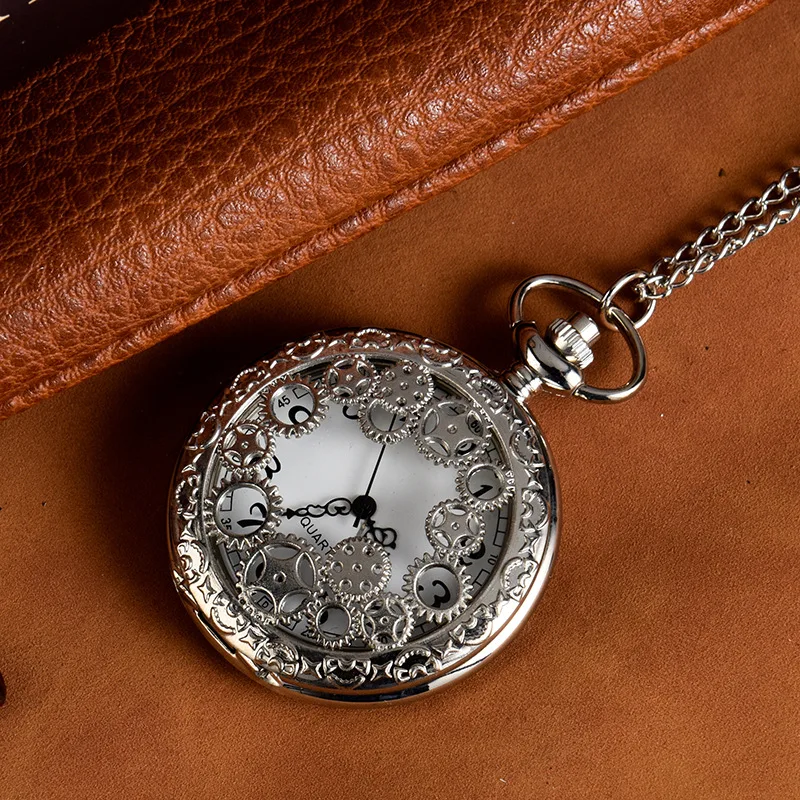 Steampunk Copper Hollow Gear Hollow Quartz Pocket Watch for Men and Women, Vintage Necklace Pendant Clock Chain