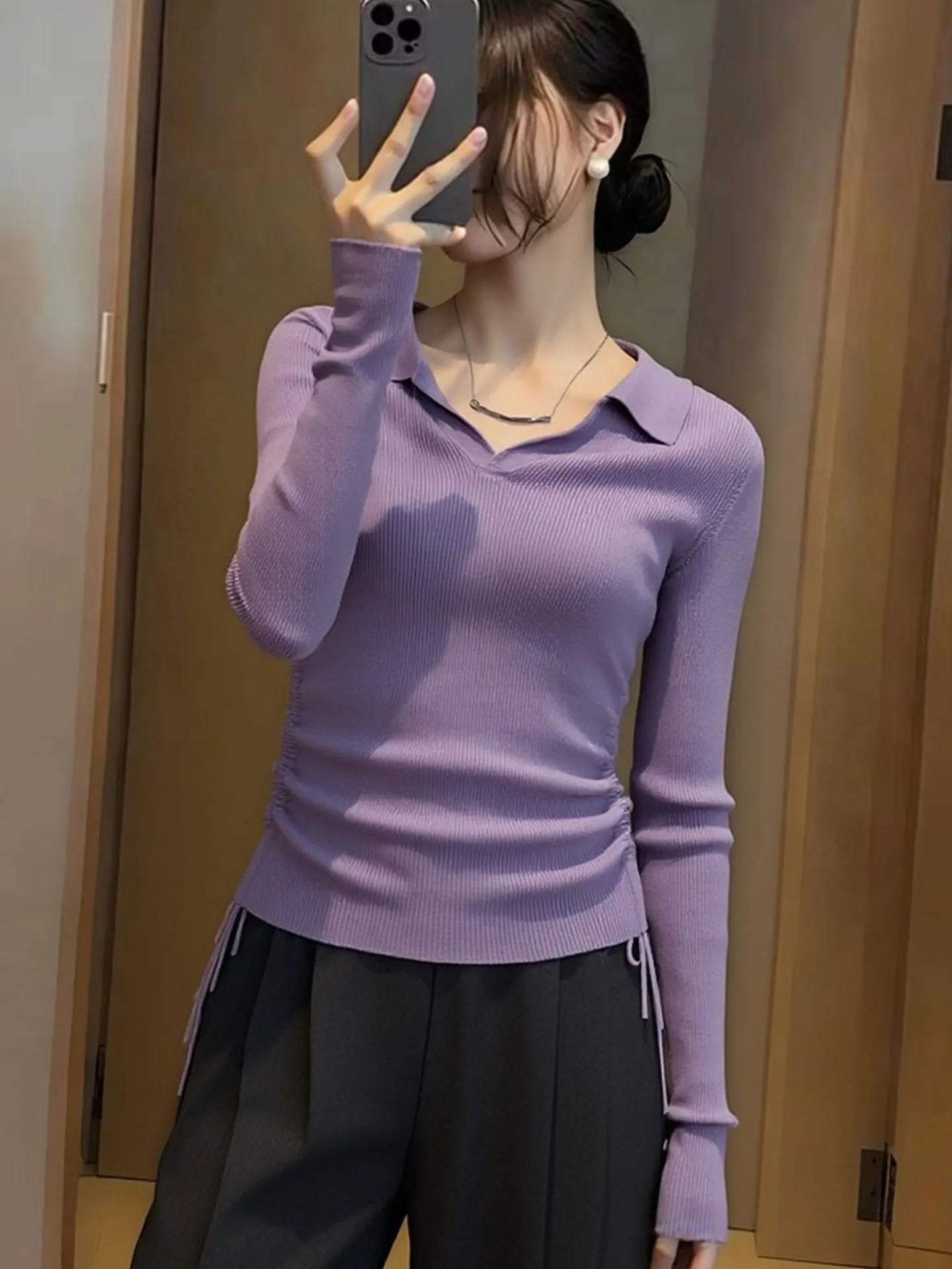 

Женская трикотажная кофта Ele Long Sve, облегающий базовый топ, весна 2026, для повседневной носки, корейская версия, удобная, средней толщины