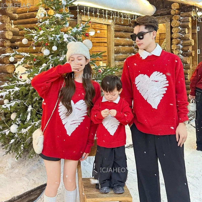 Red Sweater New Year Matching Family Christmas Father Mother and Daughter Son Hearts Toddler Baby Knit Romper Knitted Jumper Top