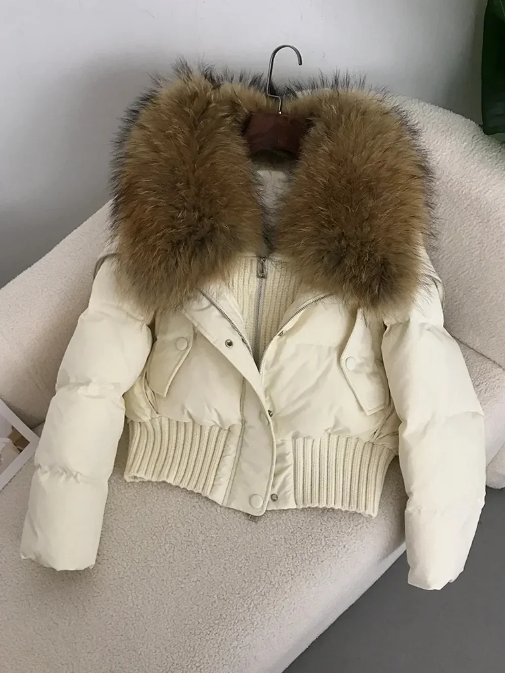 2024 Natural Real Raccoon Fur Collar Winter Women White Duck Down Short Jacket Female Thick Warm Coat Luxury Outerwear