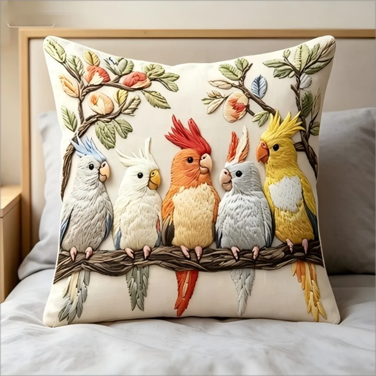 Bunter Nymphensittich-Papagei Kissenbezug mit Kunststickerei 2D-Vogeldruck Boho Botanischer Kissenbezug für Sofa Bett Couch Heimdekoration