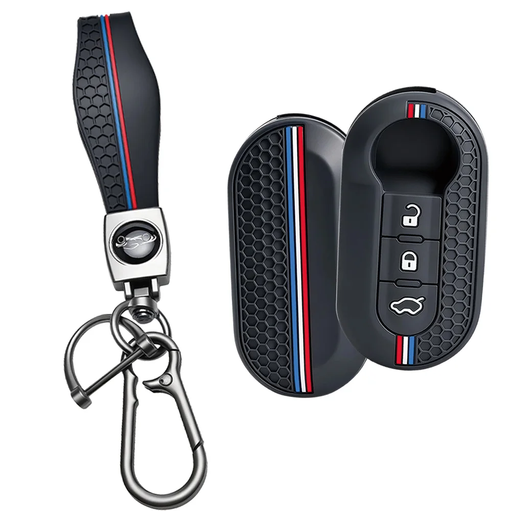 For Fiat 500 500L Panda Grande Punto Punto Evo Bravo Doblo Qubo silicone flip key cover with wrist strap and carabiner