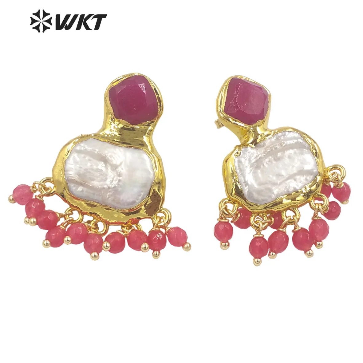 WT-MPE118 Beautiful Colored Jade And Pearl 18K Gold Plated Tiny Beads Classic Earrings For Women Birthday Party Decorative