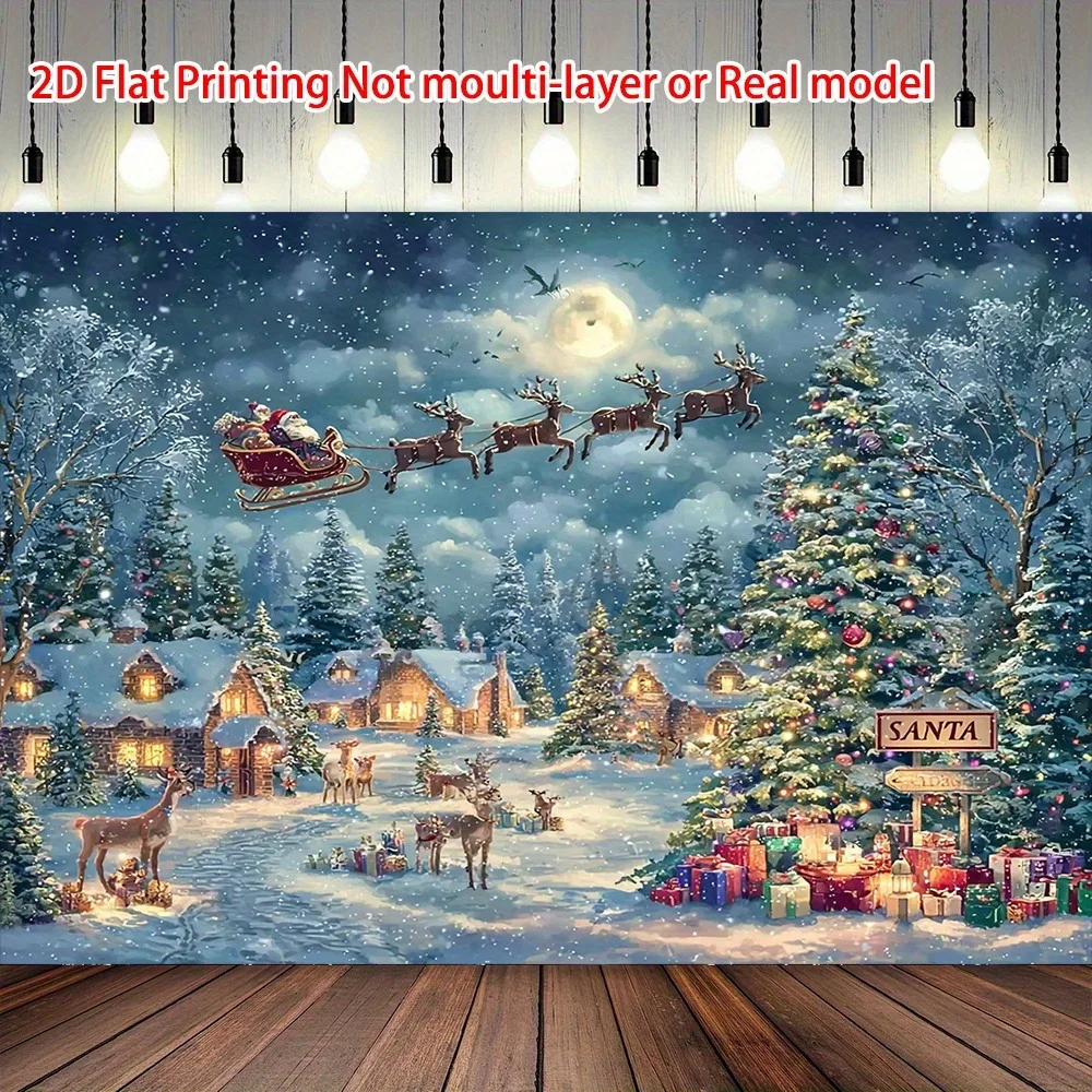 2D Flat, Winter Wonderland Christmas Night Tapestry - 2D Flat Snowy Scene Backdrop with Santa Sleigh, Reindeer & Twinkling Light