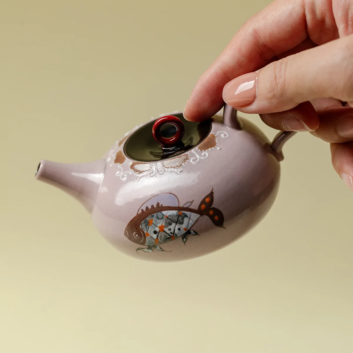 Ino Kiyomatsu Japanese-Style Rustic Pottery Pastel Hand-Painted Soft Pink Fish Dream Infinite Small Pot Home-Use High-Value
