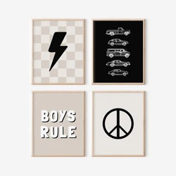 Retro Car Lightning Boys Rule Gallery Wall Prints Quote Play Poster Wall Art Canvas Painting Kids Room Living Room Home Decor