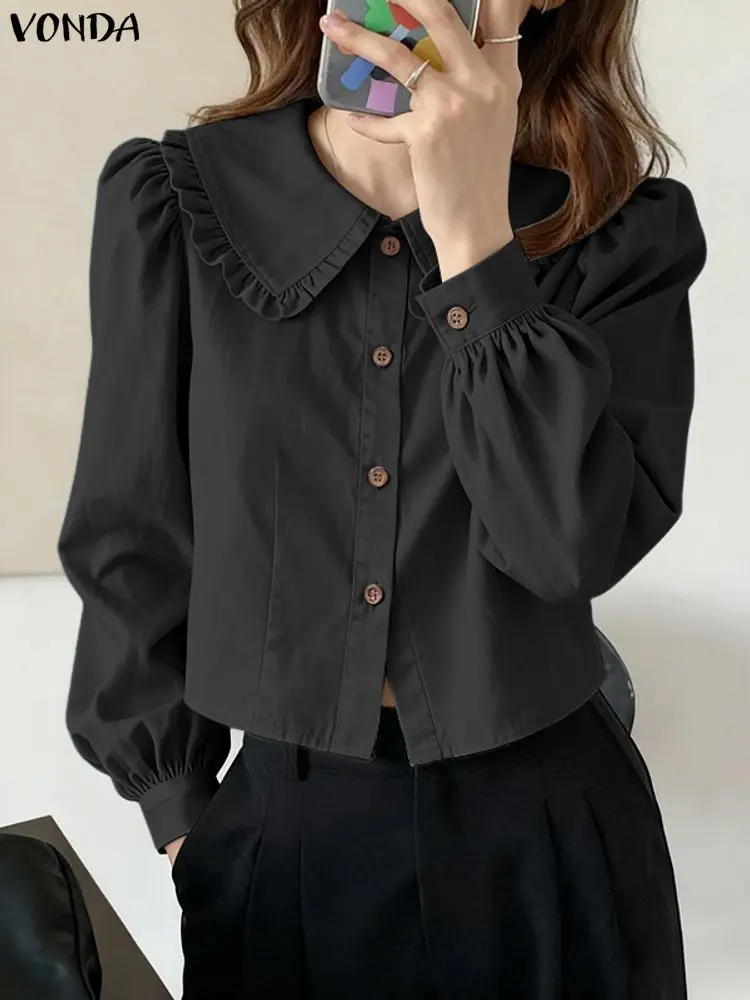 VONDA Fashion Shirts Women Long Puff Sleeve Casual Solid Blouse Spring Autumn Peter Pan Collar Elegant Office Lady Female Tops