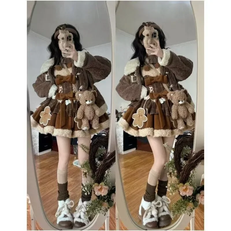 

Winter Japanese Kawaii Lolita Women's Suits Sweet Slimming 2 Pieces Set Color-blocking Checkered Dress + Cape Coat Woman Clothes