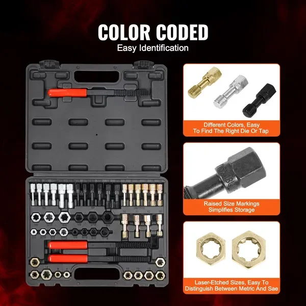 49-Piece Thread Chaser Set, UNC UNF and Metric Thread Restorer Tool, Rethreading Tool Kit with 22 Taps 24 Dies 3 Thread Files