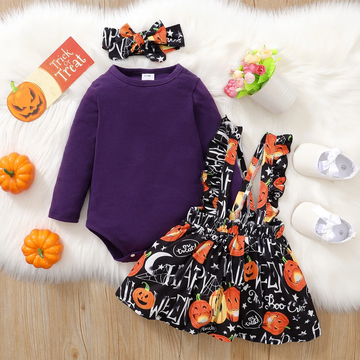 Qunq 2023 Autumn Girls Halloween Costume Long Sleeve Romper + Print Sling And Headband 3 Pieces Set Casual Kids Clothes Age 0-1T