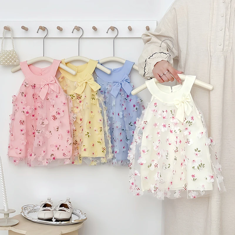 طفلة فستان الصيف زهرة القوس أكمام فتاة فستان لطيف شبكة فتاة فستان الأميرة ملابس الطفل فتاة ﻿