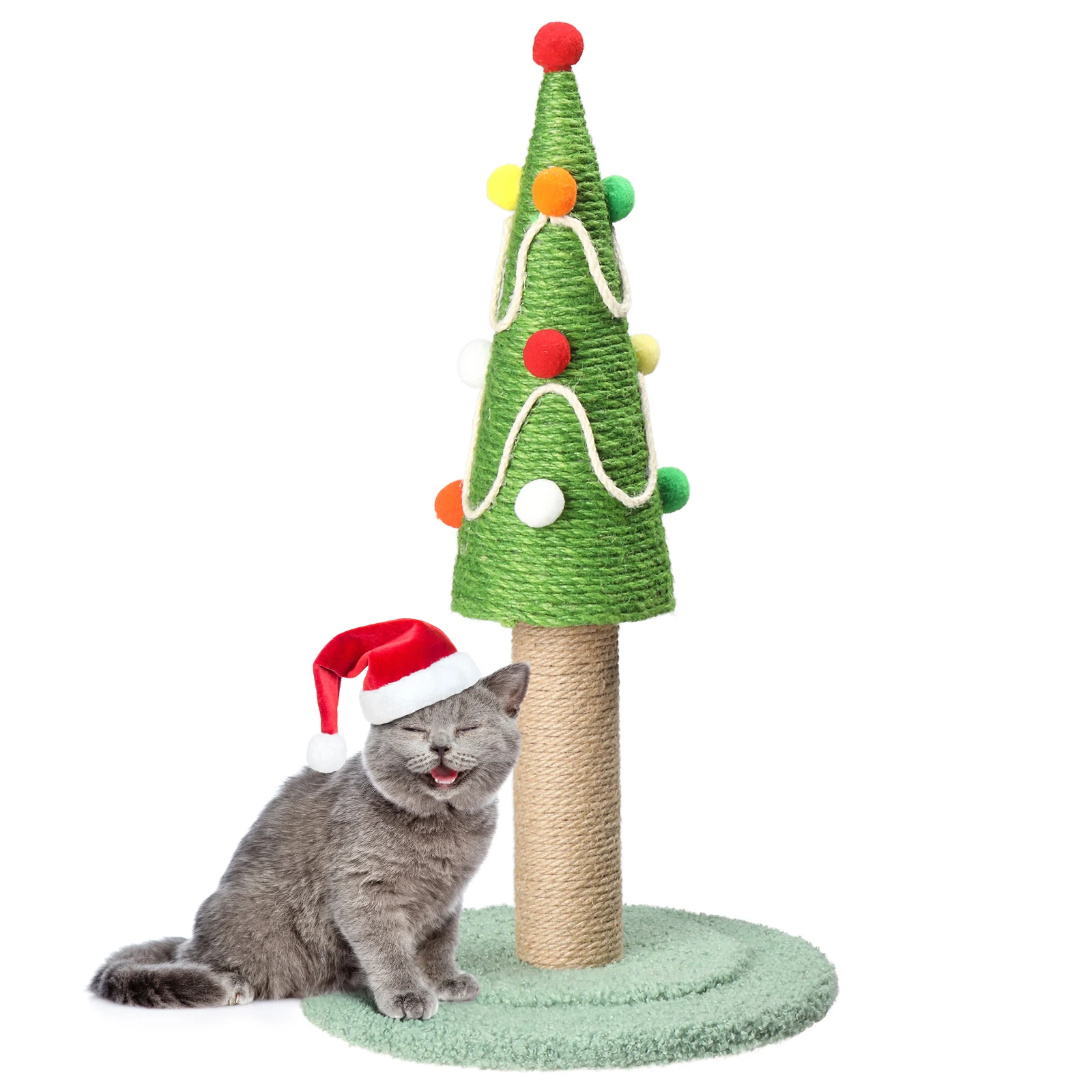 

22in Christmas Tree Scratching Post, Cute Cat Scratcher with Natural Sisal Covered Frame & Colorful Little Balls for Indoor Cats