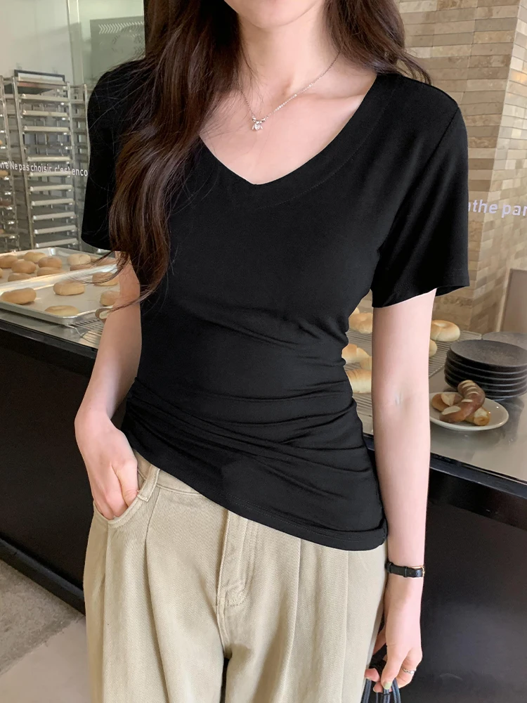 

V-neck T-shirts for Women Design Sense Slim Fit Short Sleeves Appear Thin Short Sexy Fashion New Solid Color Summer Blouse