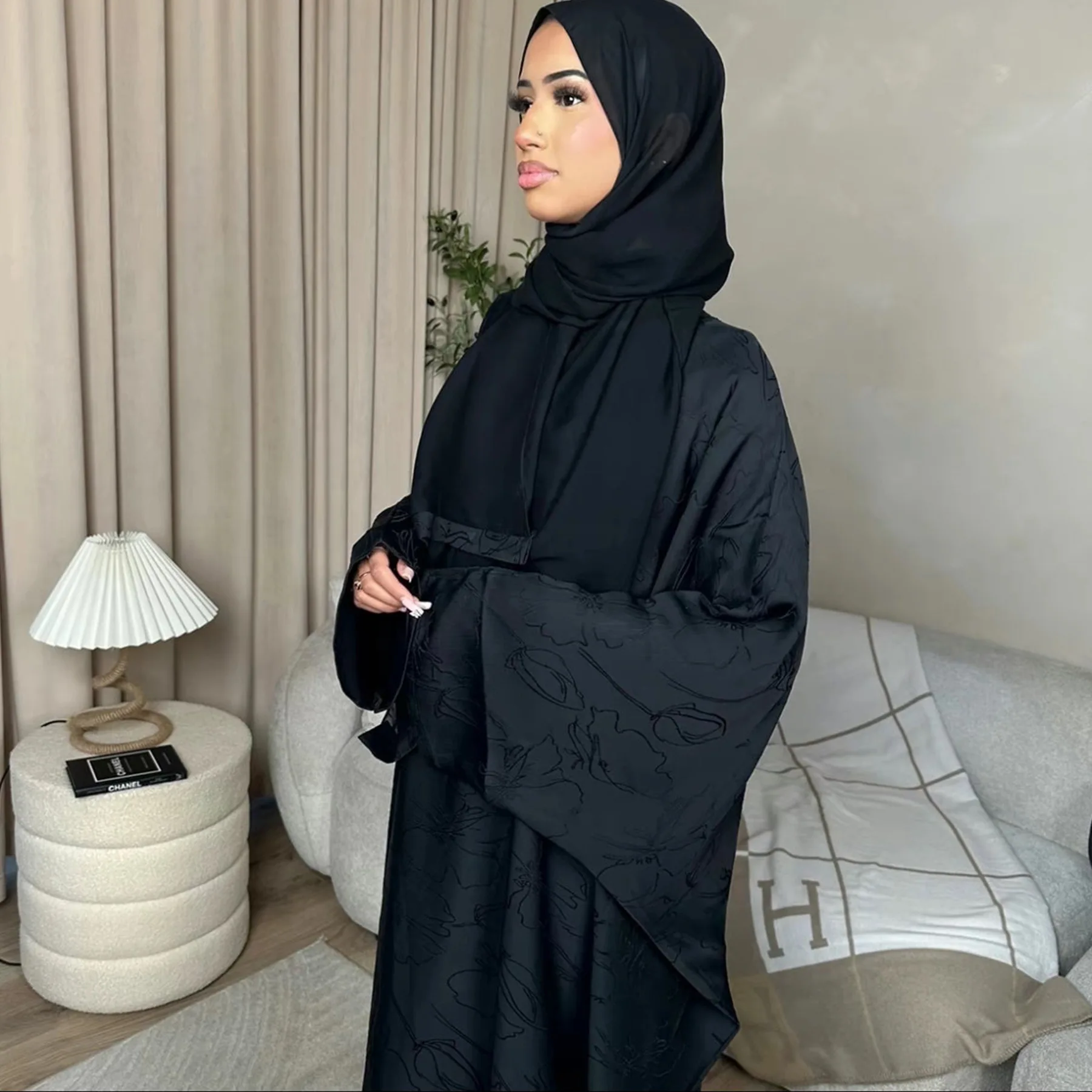 Satin Abaya Free Size 3D Jacquard Long Dress Islamic Muslim Dresses 2 Piece Hijab Set Ramadan Eid Party Gown Modest Kaftan