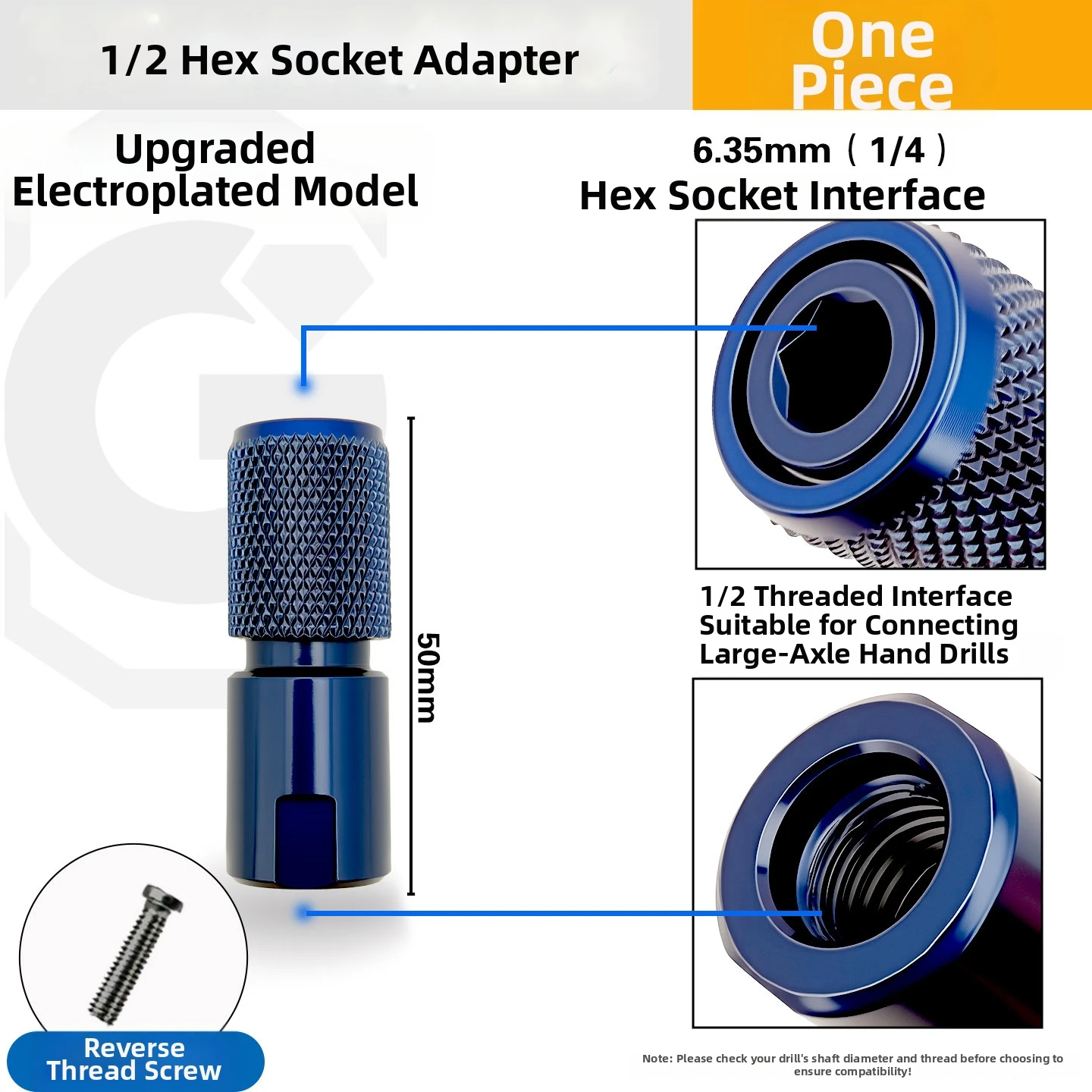 Hex Shank Adapter 3/8 to 6.35mm for Angle Grinder for m10 Thread Compatible Carbon for Steel Construction Blue Coating