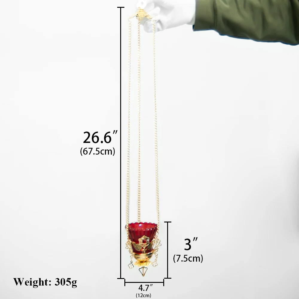 New Orthodox Hanging Vigil Lamp Gold Filigree Red Glass Bell Chain Church Oil Candle Holder Gemstone Byzantine Christian Gift
