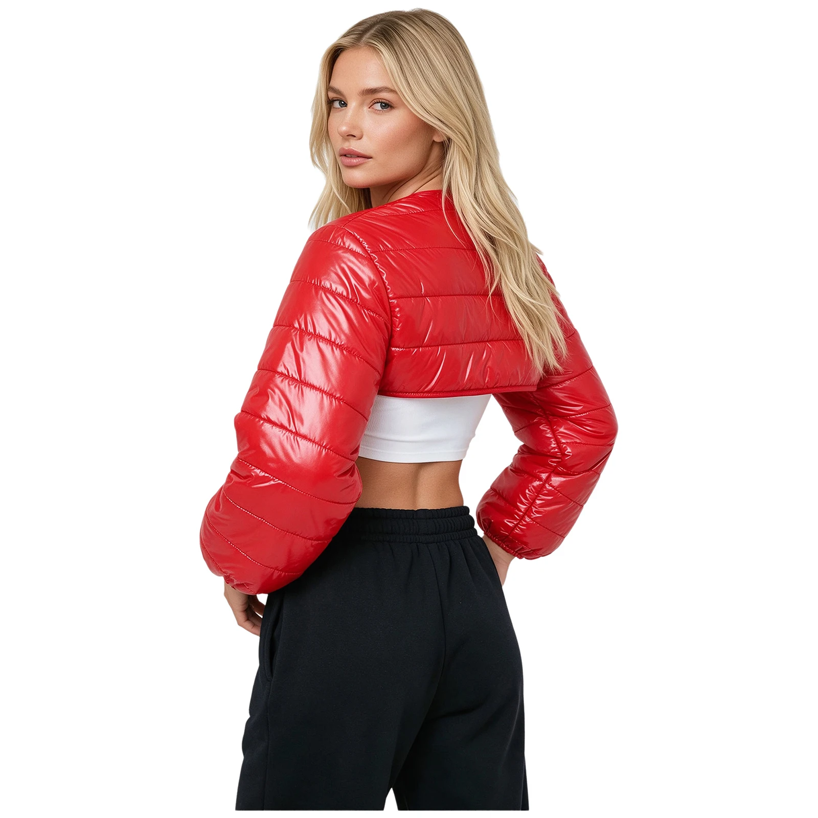 Womens Ladies Waterproof Puffer Quilted Padded Crop Top Glossy Long Sleeves Elastic Cuffs Open Front Shrug Tops for Club Party
