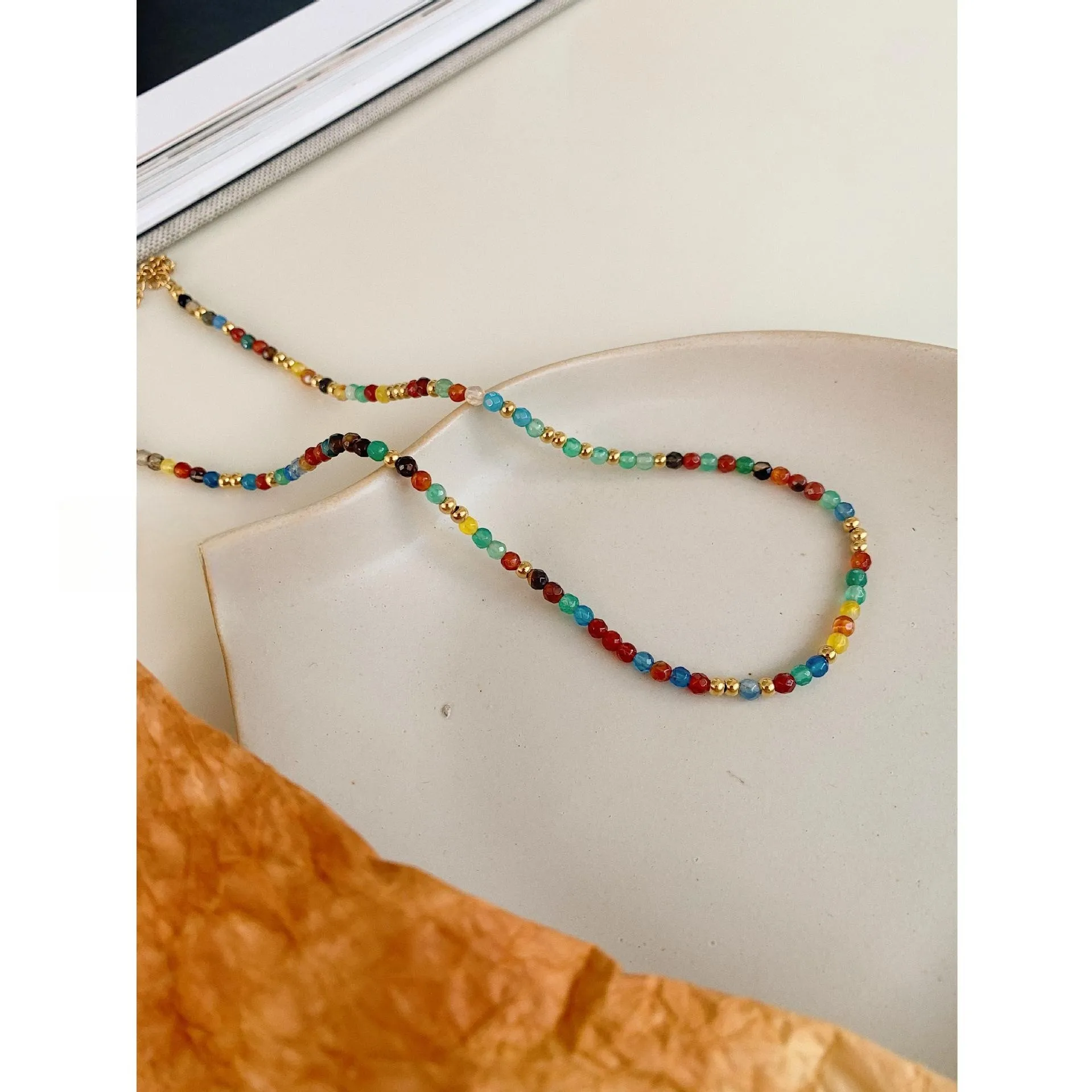 Colorful Agate Stone Beaded Necklace for Women's Natural Stone Titanium Steel Lock Bone Chain