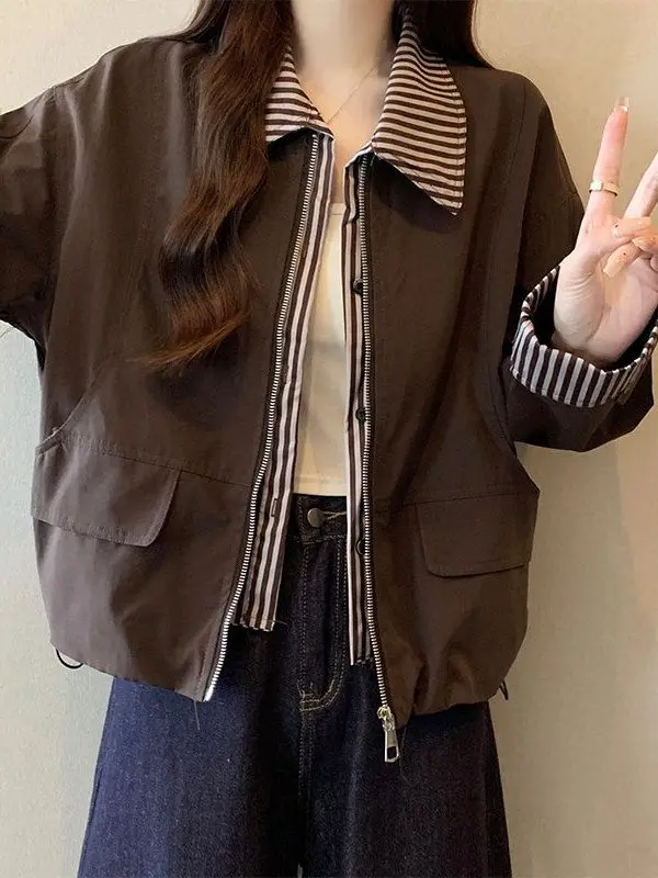 봄 가을 여성용 페이크 투톤 커피색 긴팔 재킷 플러스 사이즈 XXXL 한국 스타일 짧은 재킷 여성 아우터