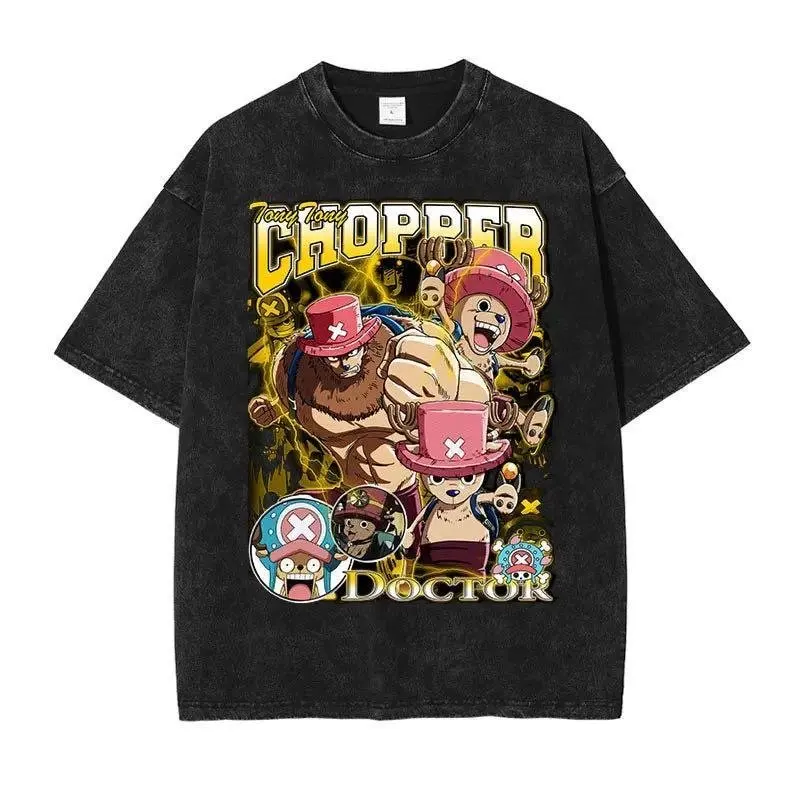 

2026 New One Piece Anime High Quality T-Shirt Men and Women Cotton Vintage Washed Print Retro Streetwear Family Matching Top