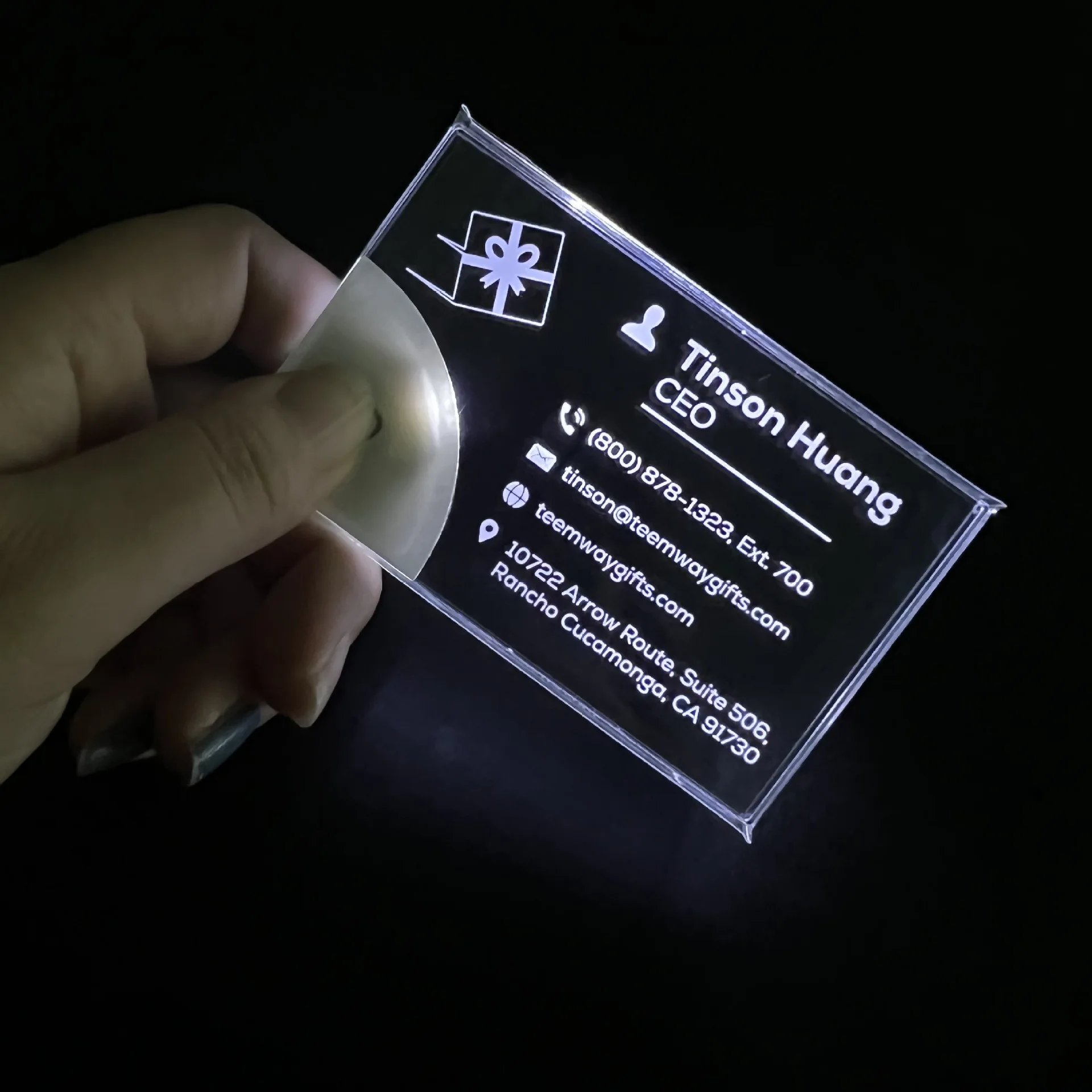 New Customized Transparent Light Up Name Card Product Flashing Glowing LED Advertising Acrylic Rectangle Luminous Business Card