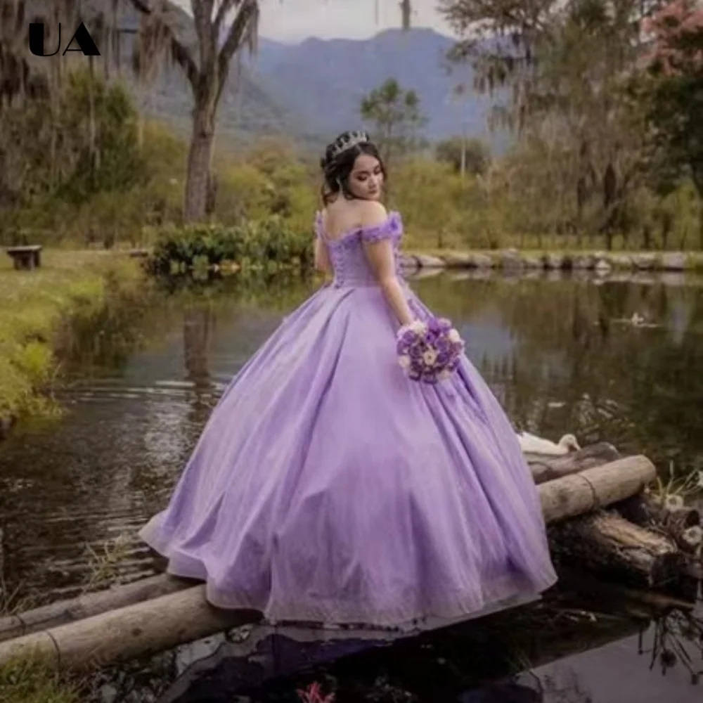 

ULBYANRY Customized A-line Off-the-shoulder Sweet 15 Dress Romantic Flower Quinceanera Dress Princess Style Lace-up Prom Dress
