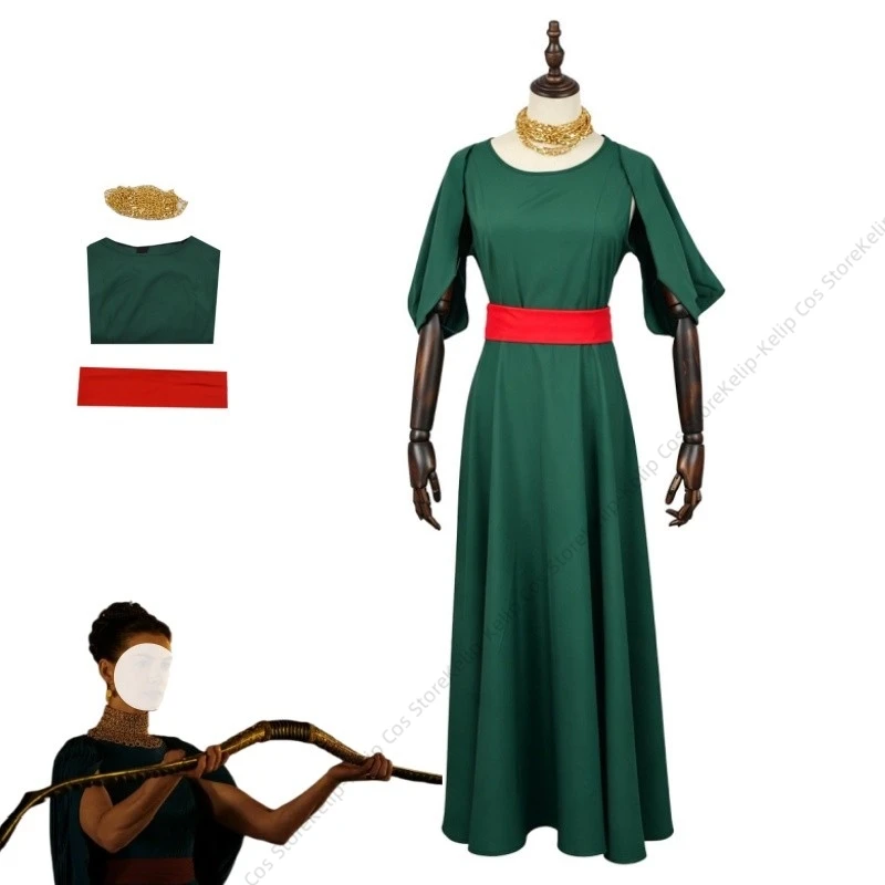 Disfraz de Cosplay de Penélope de la Odisea, Esposa de Odysseus, Vestido Medieval Verde, Fajín Rojo, Collar Dorado, para Halloween, Carnaval, Comic Con