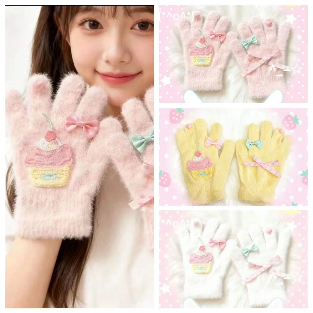 Harajuku Sweet Lolita Y2K Girl Plush Warm Finger Touchscreen Glove Icecream Cake Bow Subculture Mittens For Winter