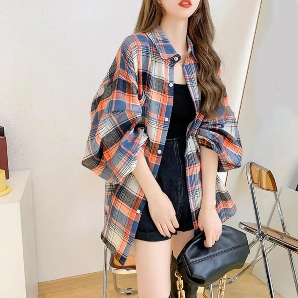 Checkered Coat Brushed Shirt Jacket Casual Fashion Color-blocking Pattern Daily Wear Checkered Brushed Shirt For Women
