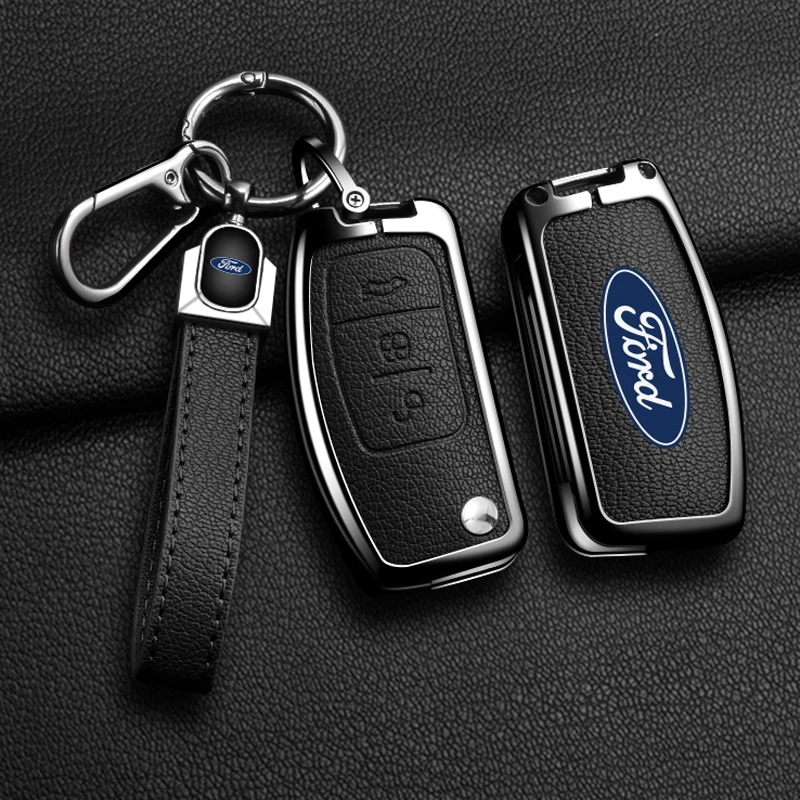 Zinc Alloy Leather Car 3 Buttons Flip Key Case Cover Smart Remote Shell For Ford Fiesta Focus MK2 Mondeo Kuga Galaxy C-Max S-Max