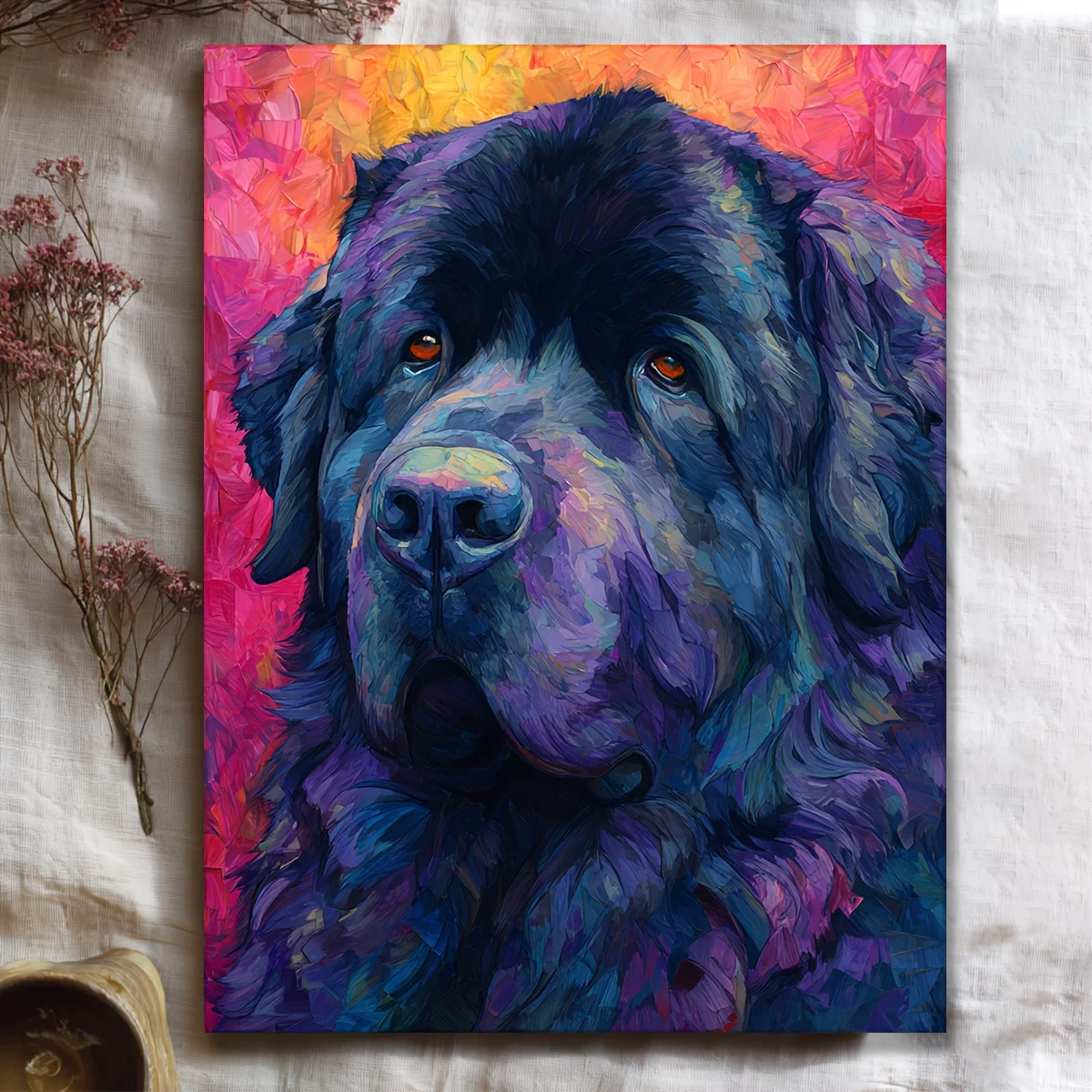 (No frame)1pc, Including a Frame, Measuring 12X16 Inches, Featuring a High-Quality Manga-Style Painting of a Newfoundland Dog