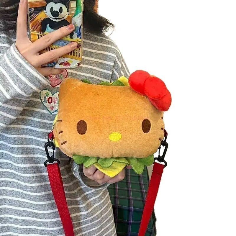 Sanrio Hello Kitty hamburguesa bolsas de felpa Kawaii Anime bolso cruzado moda bolso de hombro bolso de peluche suave regalos de vacaciones juguete para niños