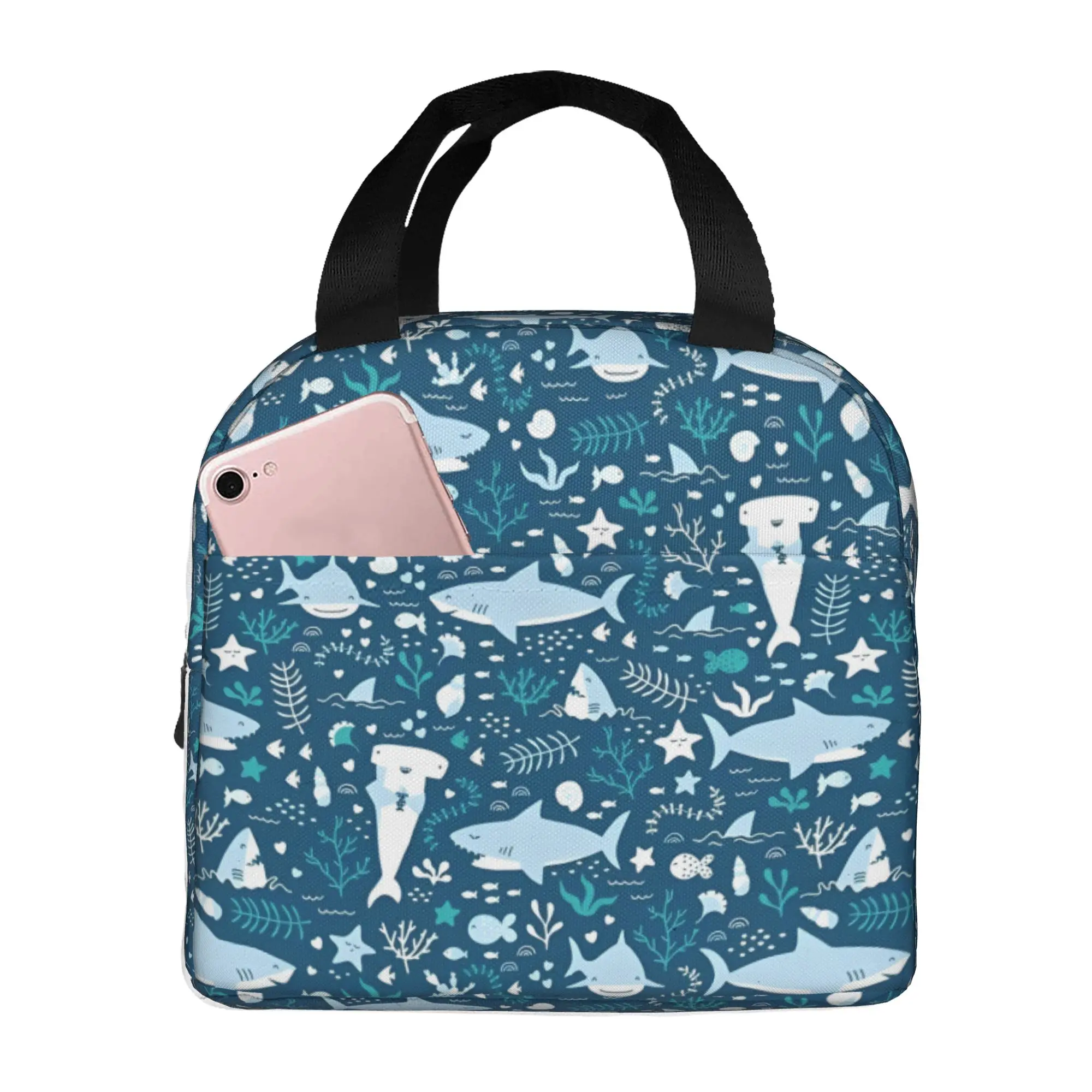 Blue Watercolour Shark Insulated Lunch Bag for Women Leakproof Cartoon Fierce Fish Thermal Cooler Bento Box Office Work School