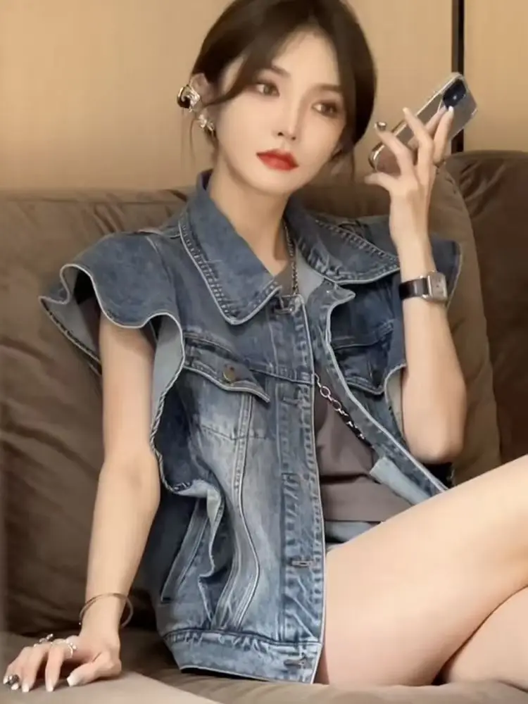 Retro Fashion Loose Versatile Lapel Collar Buckle Denim Vest Women Top Waistcoat  Mujer Jackets For Female 2025 Autumn