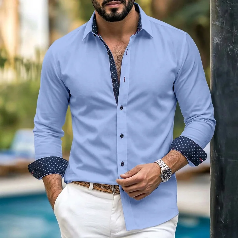 Men's shirt long sleeved lapel shirt with contrasting polka dot lining and cuff design for business and casual men's shirt