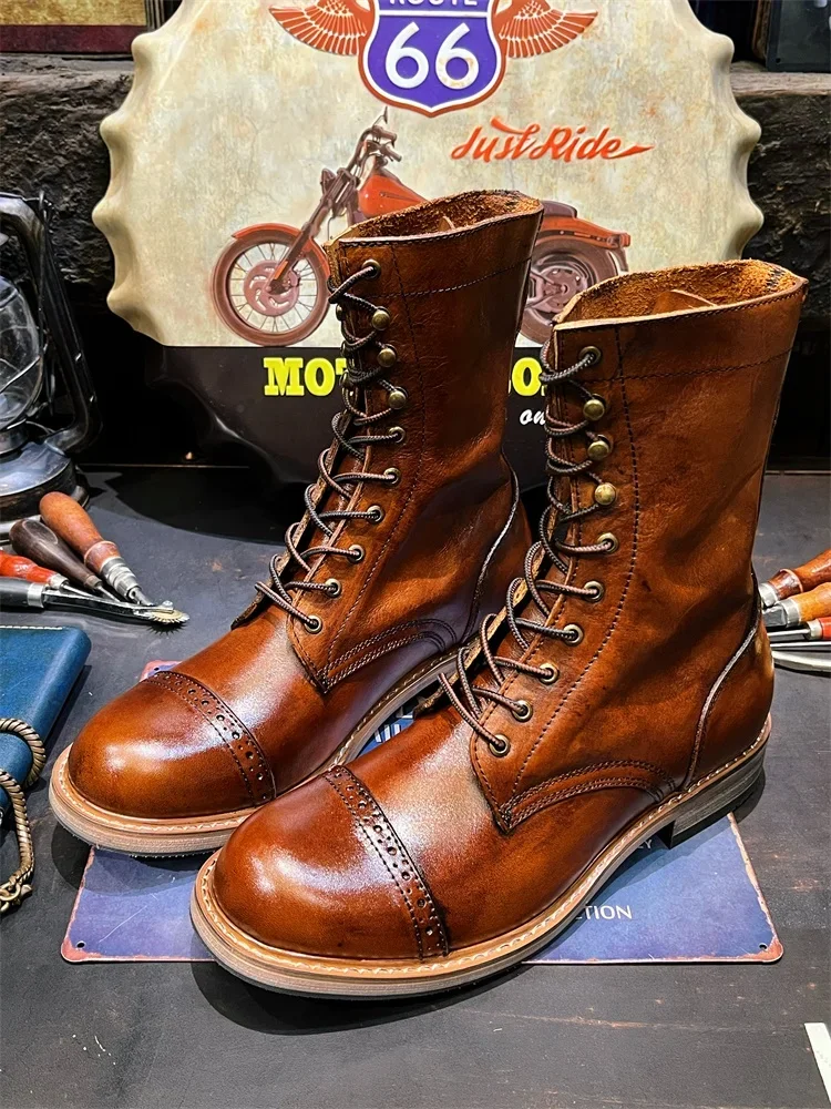 American Vintage Leather Tooling Cycling Boots Men\'s Big Head Layer Cowhide Long Motorcycle Shoes