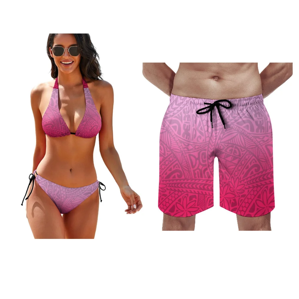 Couples Set Hawaii Vacation Beach Bikini For Women Men's Beach Pants Sport Shorts For Women Sexy Low-Rise Bikini Polynesia