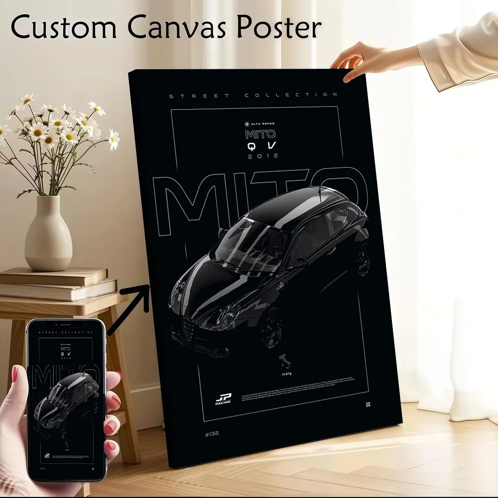 Black Romeo Car MiTo QV 2012 Printed Canvas Poster Custom Pictures Wall Art Canvas Painting for Aesthetic Decoration Living Room