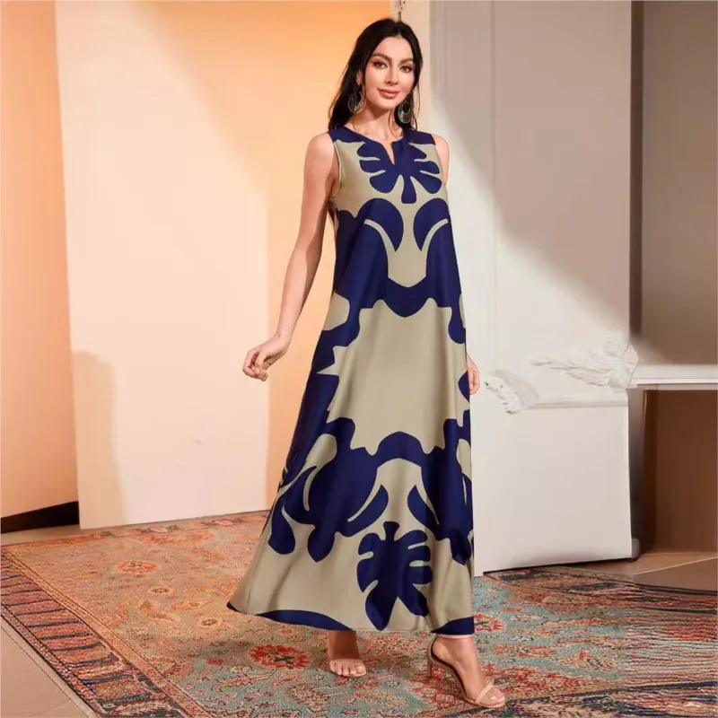 Boho Retro Printed Pocket Long Dress Sexy Sleeveless V-neck Pullover A-line Vacation Party Dress For Women 2023 Summer New Robe