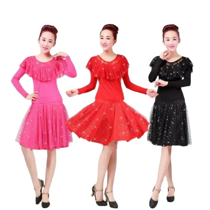 Elegant Mesh Mid-Long Latin Dance Skirt For Women New Style Comfory Soft Ballroom Dance Waltz Dance wear Suit Tops and Skirt