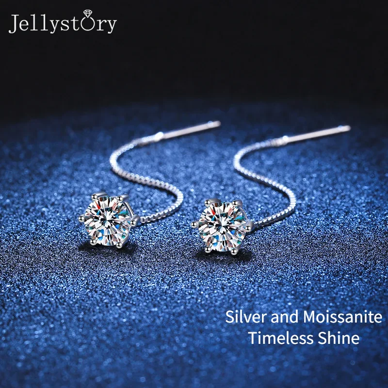 

S925 Sterling Silver Ear Thread Moissanite Earrings 1 Carat Simple Elegant Classic Six-Prong Tassel Long Earrings