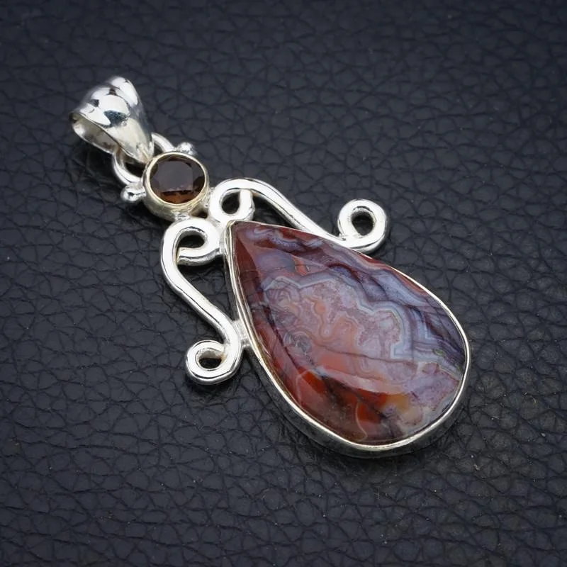 

StarGems Crazy Lace Agate Smoky QuartzHandmade 925 Sterling Silver Pendant 1.75" F4436