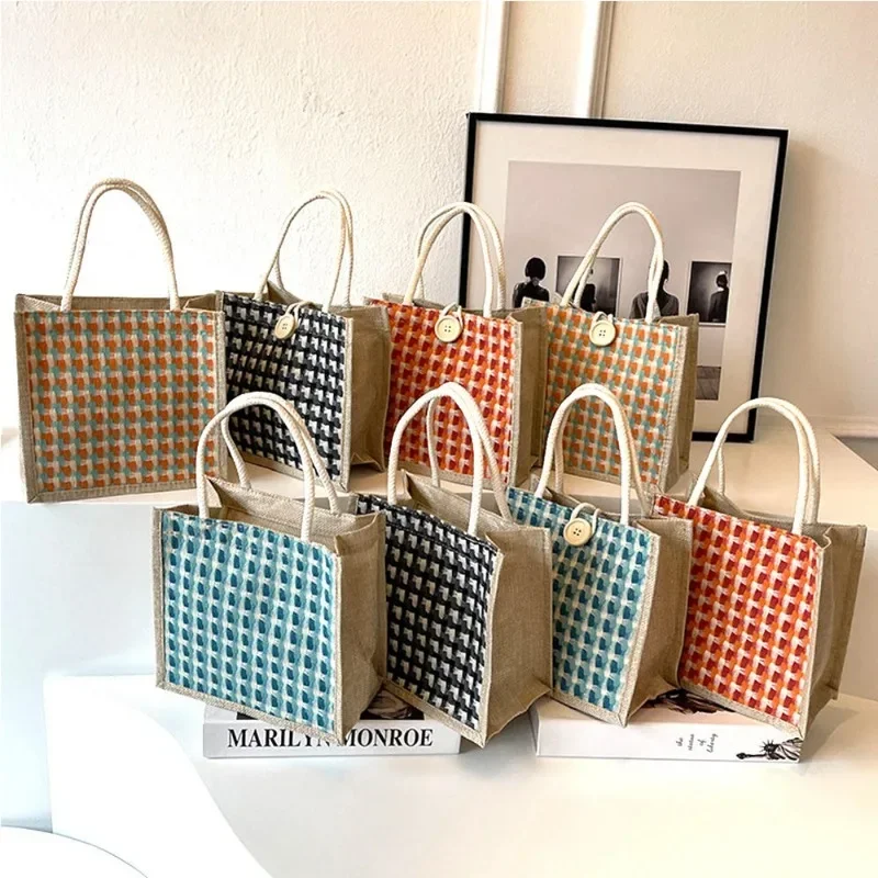 Women Woven Handbag Tote Bag Korean Style Ladies Button Handheld Linen Bags Button/Zipper Handheld Linen Bags Small Shopping Bag