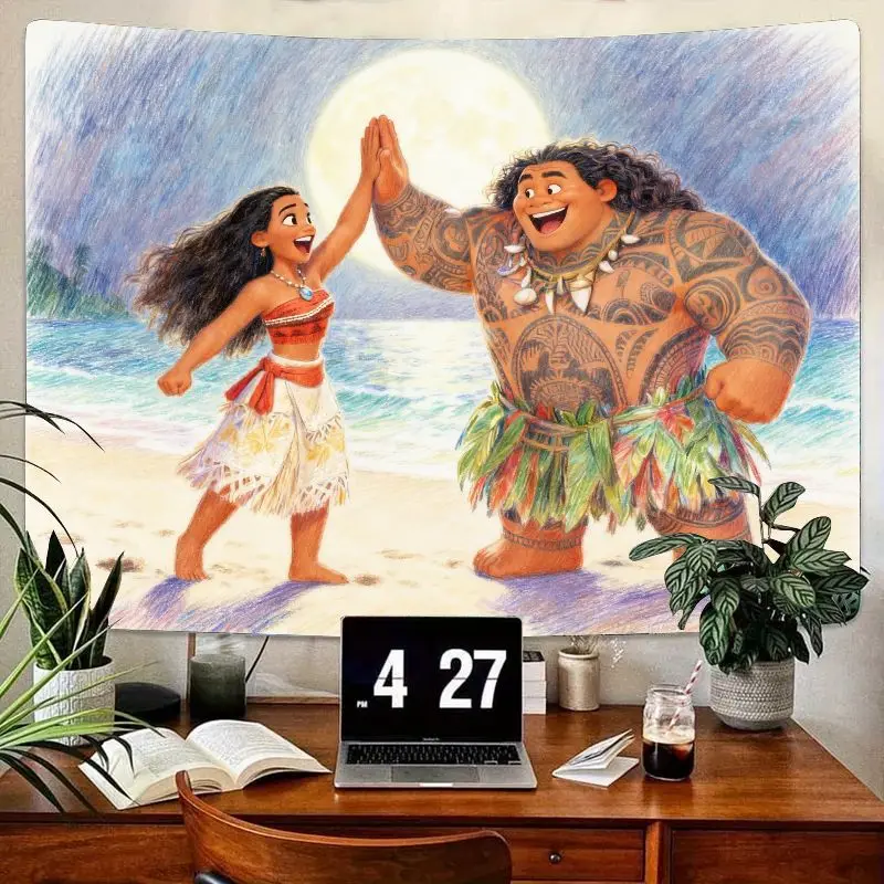 

1 шт. гобелен Disney Moana & Maui High-Five, яркое пляжное настенное искусство, современный настенный декор из полиэстера для декора детской комнаты, киновентилятор