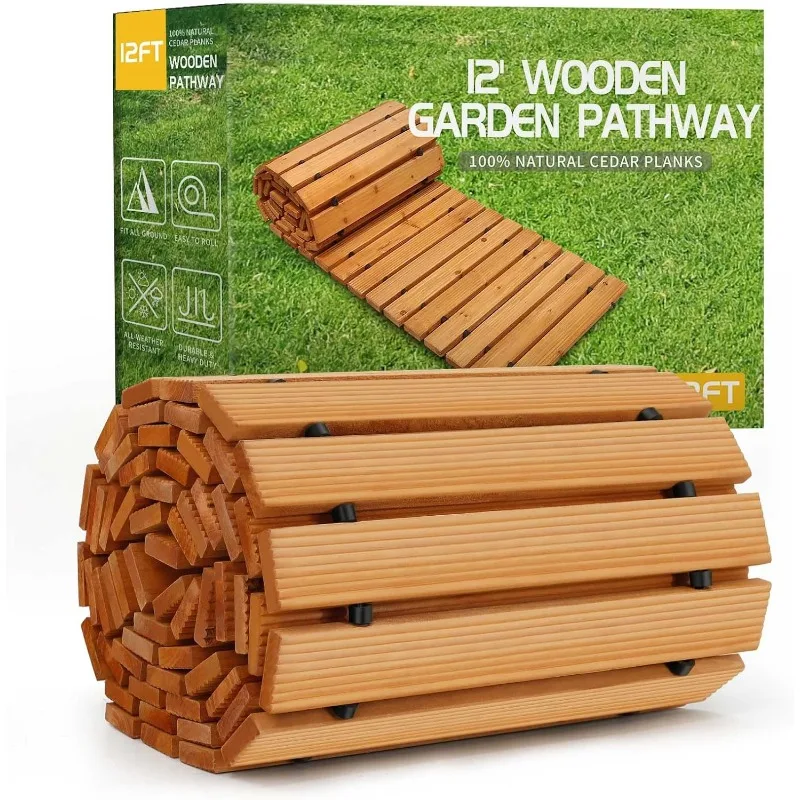 12' Wooden Garden Pathway,Outdoor Roll Out Cedar Straight,Weather-Resistant Roll Up Beach Wood Road Floor,Wedding Party Pathways