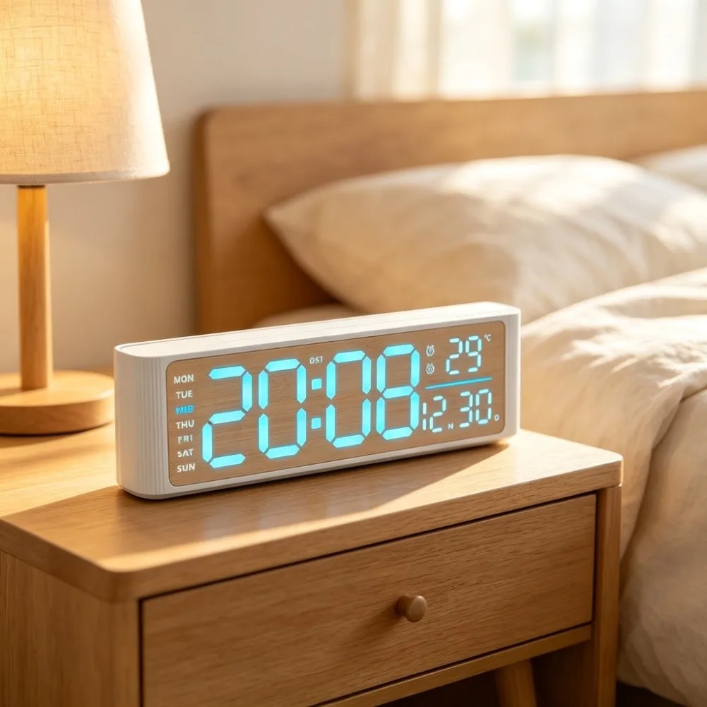 Wood Texture LED Digital Alarm Clock Ambient Night Light Date Display USB Powered Multifunctional Silent Clock Home Office Decor