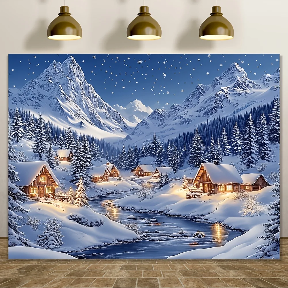 2D Flat 1pc Christmas Village And Snow Forest Wall Tapestry Polyester Party Banner For Living Room Outdoor Decor Live Streaming