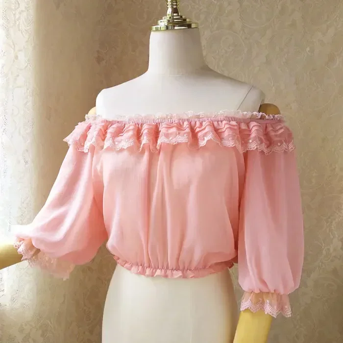 Sweet Women's Off the Shoulder Crop Top Bishop Sleeve Dotted Sheer Chiffon Blouse for Summer